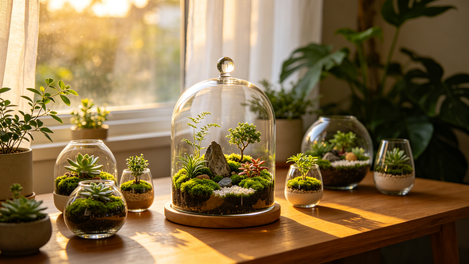 A collection of crystal terrariums and mini planters by a window