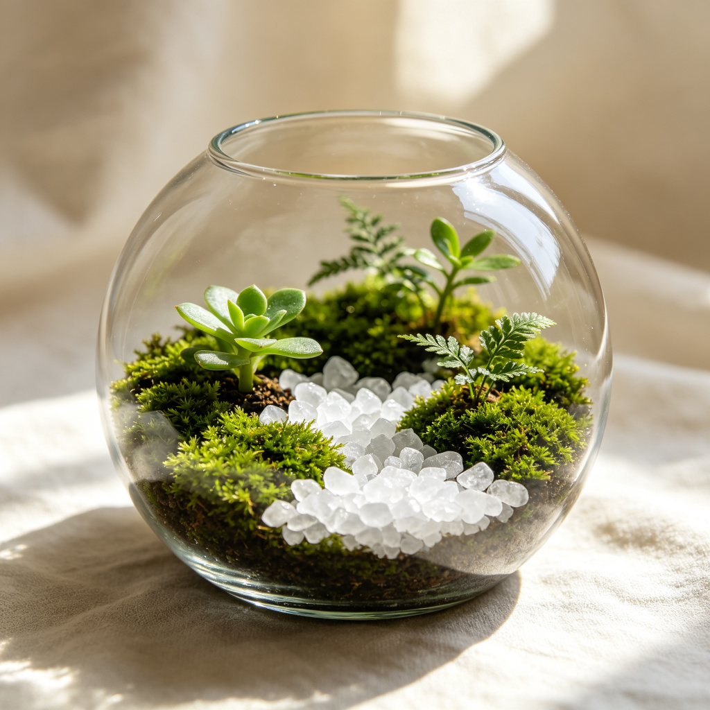 A handcrafted crystal terrarium