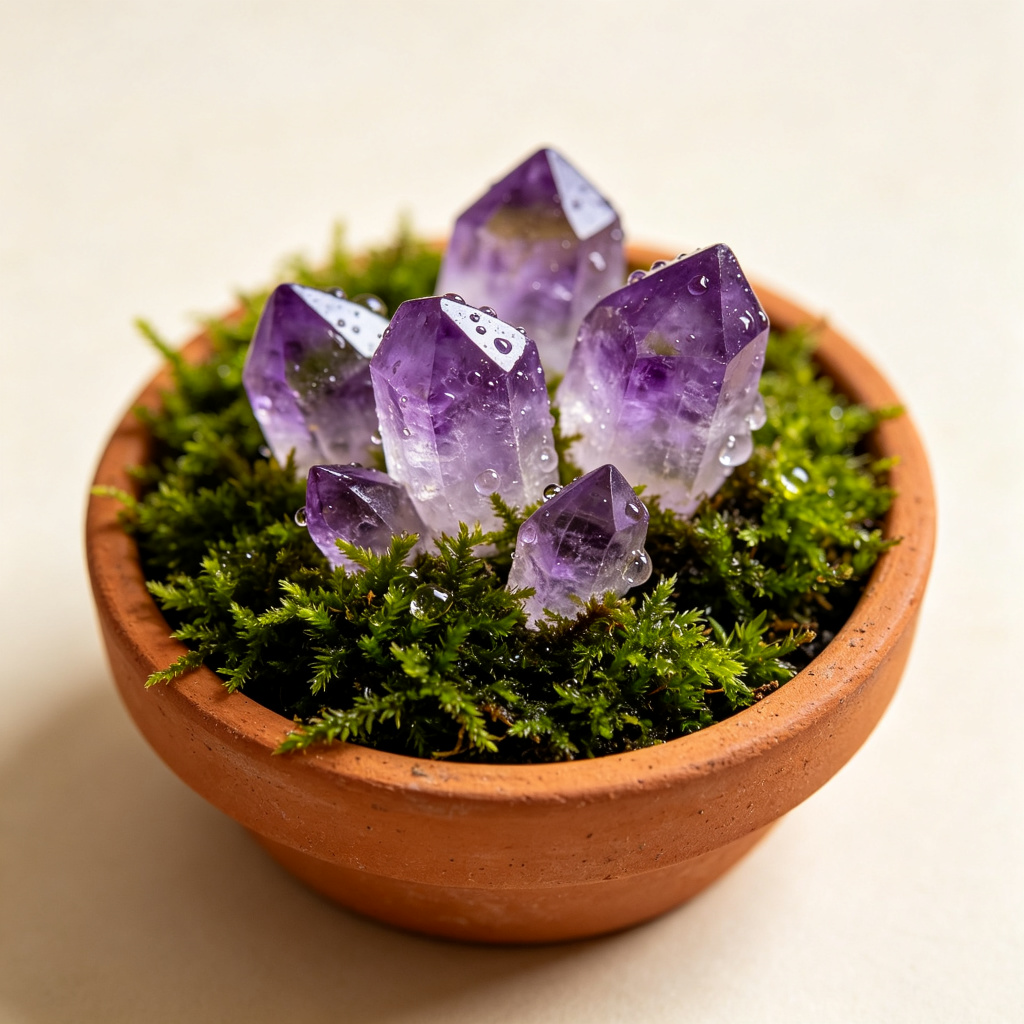 Moss and amethyst planter on a desk